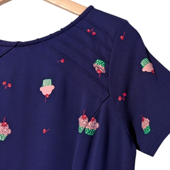 Unique Vintage Cupcake Cherry Short Sleeve Fit And Flare Navy Blue Midi Dress - Picture 4 of 8